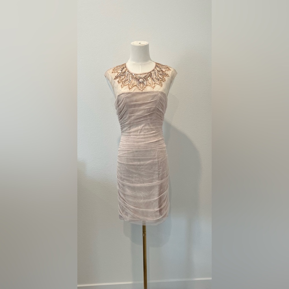 Original Bebe Size:S Women Mini Dress Lace Mesh Bead Work Rose/Ivory